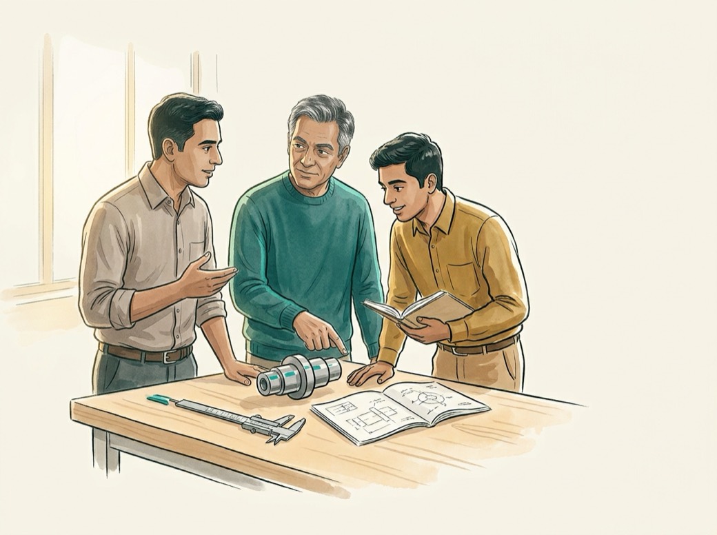 A senior mentor and two engineers of different experience levels discussing a machined component together at a workbench.