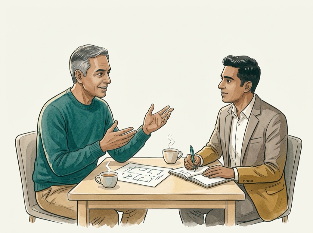 A Qualniche advisor in a friendly conversation with a client over coffee, discussing a training plan.