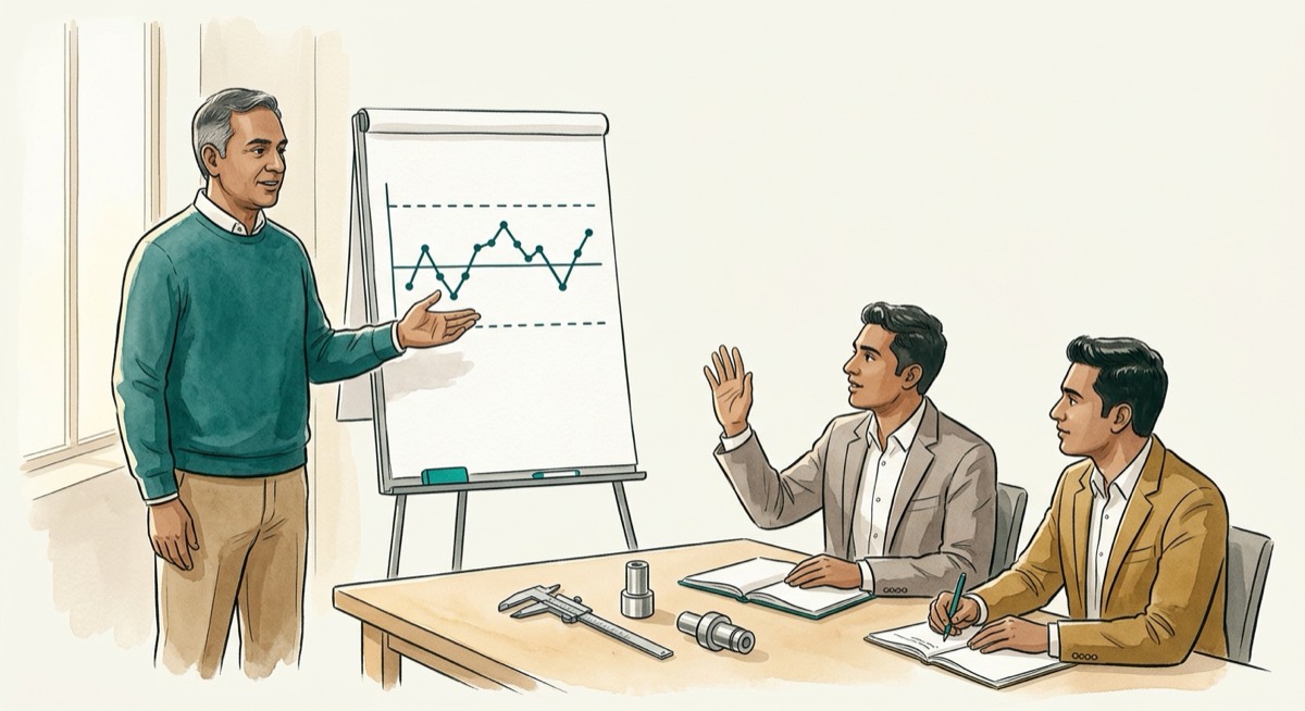 A Qualniche instructor presenting a statistical process-control chart to two engineers during a training session.