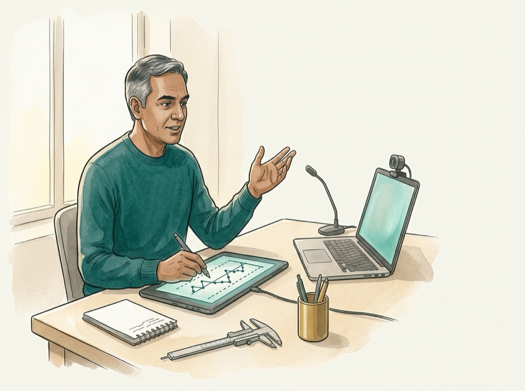 A Qualniche trainer sketching a control chart on a pen-display tablet during an interactive virtual training session, with a laptop, webcam and microphone.
